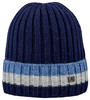 Dunkelblaue Strickmütze mit Streifen und Logo.