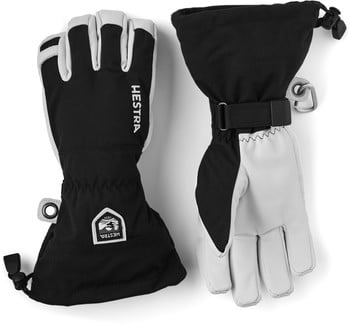 Schwarze Hestra-Skihandschuhe mit Lederhandflächen und Logo.