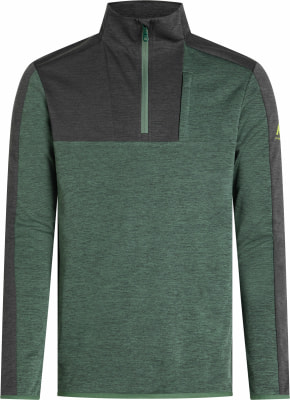 Herren-Sweatshirt in Grün mit dunkelgrauen Einsätzen und kurzem Reißverschluss am Kragen.