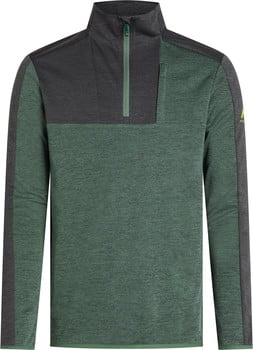 Herren-Sweatshirt in Grün mit dunkelgrauen Einsätzen und kurzem Reißverschluss am Kragen.