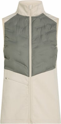 Eine beige und graue Steppweste mit Reißverschluss und Tasche. Eine beige und graue Steppweste mit Reißverschluss und Tasche.