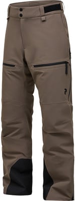 Braune Skihose mit schwarzen Reißverschlüssen und Peak Performance Logo.