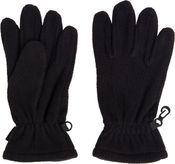 Schwarze Fleecehandschuhe mit Handgelenk Schlaufen und Clips.