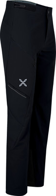 Schwarze Outdoorhose mit Logo und Reißverschlusstaschen.