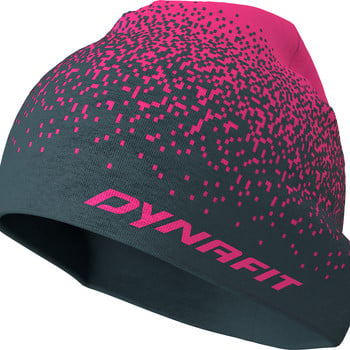 Graue Mütze mit pinkem Digitalmuster und Dynafit-Logo.