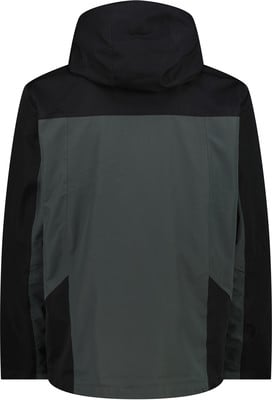 Rückseite einer schwarzen Jacke mit einem dunkelgrauen Mittelfeld und Kapuze. Rückseite einer schwarzen Jacke mit einem dunkelgrauen Mittelfeld und Kapuze.