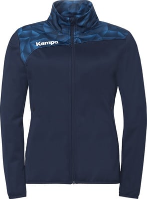 Dunkelblaue Herrenjacke von KEMPA mit Reißverschluss und farbigem Muster auf den Schultern.