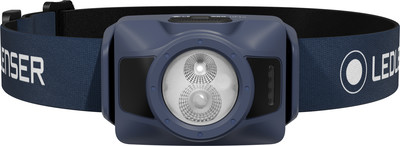 Blaue Stirnlampe mit zwei LEDs und Stoffband. Blaue Stirnlampe mit zwei LEDs und Stoffband.