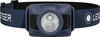 Blaue Stirnlampe mit zwei LEDs und Stoffband.