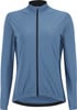 Blaue Herrenjacke mit langen Ärmeln und schwarzem durchgehendem Reißverschluss.