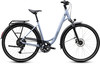 Damen-Citybike in Hellblau mit Gepäckträger und Schutzblechen.