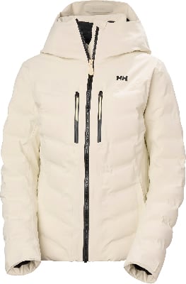 Eine cremefarbene Daunenjacke mit Kapuze und schwarzem Reißverschluss mit HH-Logo. Eine cremefarbene Daunenjacke mit Kapuze und schwarzem Reißverschluss mit HH-Logo.