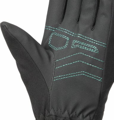 Schwarze Handschuhe mit türkisfarbener Naht und texturierter Daumenoberfläche.