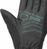 Schwarze Handschuhe mit türkisfarbener Naht und texturierter Daumenoberfläche.
