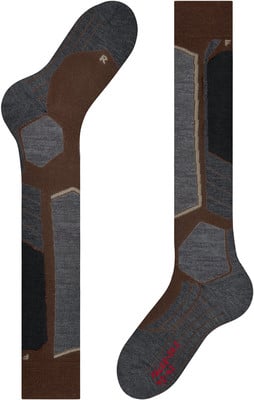 Die Socken haben braune und graue Muster mit einem R-Symbol.