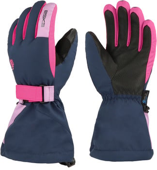 Kinder-Skihandschuhe in Dunkelblau mit rosa Details und Logo.