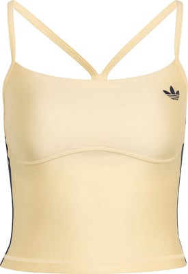 Damen-Crop-Top von Adidas in Beige mit dunklen Seitenstreifen und Logo. Damen-Crop-Top von Adidas in Beige mit dunklen Seitenstreifen und Logo.