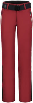 Rote Skihose mit schwarzem Gürtel und Reißverschlüssen an den Taschen.