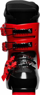 Ein rot-schwarzer Skischuh mit verstellbaren Schnallen. Ein rot-schwarzer Skischuh mit verstellbaren Schnallen.