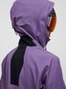 Rückansicht einer Person in einer lila Kapuzenjacke mit Skibrille.