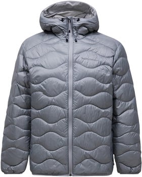 Graue Daunenjacke mit Kapuze und Wellensteppung.