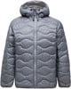 Graue Daunenjacke mit Kapuze und Wellensteppung.