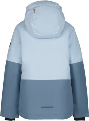 Rückseite einer hellblauen Kinder-Skijacke mit dunkelblauen Ärmeln und Unterteil.