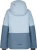 Rückseite einer hellblauen Kinder-Skijacke mit dunkelblauen Ärmeln und Unterteil.