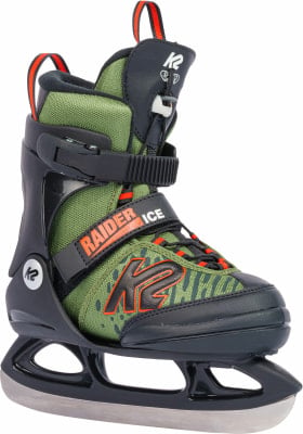 Grüne K2 Raider Ice Kinder-Eislaufschuhe mit schwarzen und orangen Details.
