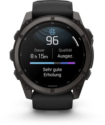 Die Garmin Smartwatch zeigt eine Schlaf-Score von 96 bei 8 Stunden und 15 Minuten an. Die Garmin Smartwatch zeigt eine Schlaf-Score von 96 bei 8 Stunden und 15 Minuten an.