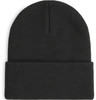 Eine schwarze Strickmütze mit umgeschlagenem Rand, von oben gezeigt.