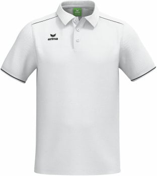 Weißes Erima Poloshirt mit schwarzem Logo und Ärmelstreifen.