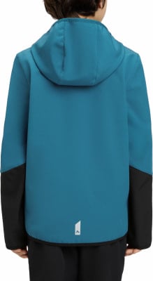 Rückansicht einer blauen Jacke mit schwarzen Ärmeln und Logo.