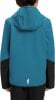 Rückansicht einer blauen Jacke mit schwarzen Ärmeln und Logo.