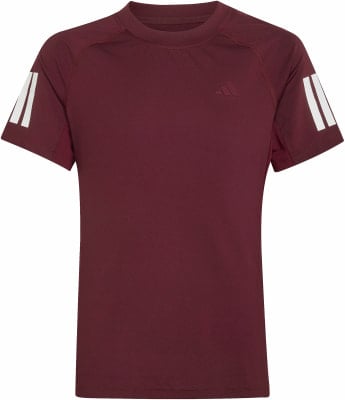 Weinrotes Adidas-Kinder-T-Shirt mit weißen Streifen an den Ärmeln. Weinrotes Adidas-Kinder-T-Shirt mit weißen Streifen an den Ärmeln.