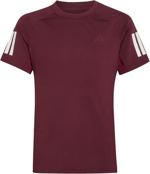 Weinrotes Adidas-Kinder-T-Shirt mit weißen Streifen an den Ärmeln.