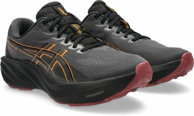 Herren-Laufschuhe Asics GT-2000 11 GORE-TEX in Dunkelgrau mit orangefarbenen Akzenten.