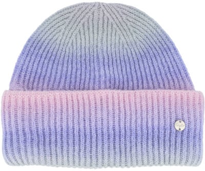 Eine gestreifte Mütze in Rosa, Lila und Grau mit Ombre-Effekt. Eine gestreifte Mütze in Rosa, Lila und Grau mit Ombre-Effekt.