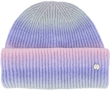 Eine gestreifte Mütze in Rosa, Lila und Grau mit Ombre-Effekt.