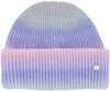 Eine gestreifte Mütze in Rosa, Lila und Grau mit Ombre-Effekt.