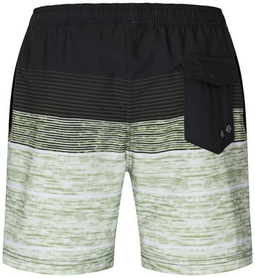 Schwarze Badehose für Herren mit grün-weißem Streifenmuster. Schwarze Badehose für Herren mit grün-weißem Streifenmuster.