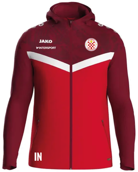 Eine bordeauxrote und rote Jacke mit Logo, JAKO und Intersport Schriftzug.