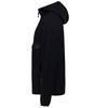 Schwarze Fleecejacke mit Kapuze und Brusttasche.