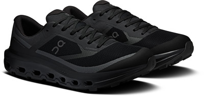 Schwarze Laufschuhe mit markanter Sohle und Markenlogo.