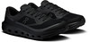 Schwarze Laufschuhe mit markanter Sohle und Markenlogo.