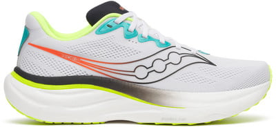 Weiße Saucony-Laufschuhe mit orange-türkisen Akzenten. Weiße Saucony-Laufschuhe mit orange-türkisen Akzenten.