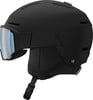 Schwarzer Salomon Skihelm mit Visier und blauer Spiegelscheibe.