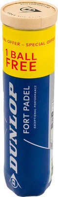 Gelbe Tube mit Dunlop Fort Padel Schriftzug und 1 Gratisball-Angebot.