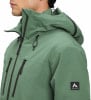 Grüne Herrenjacke mit Kapuze, schwarzen Reißverschlüssen und Logo.