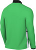 Grüner Pullover mit schwarzem Kragen und weißen Seitenstreifen.
